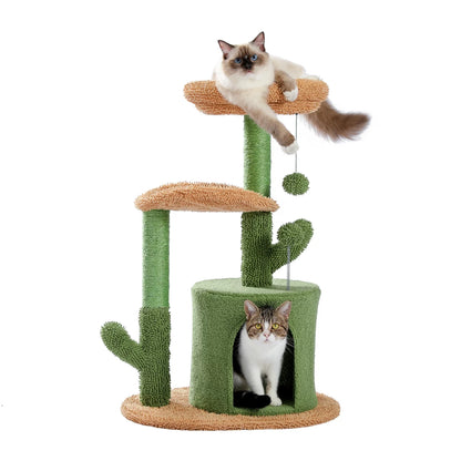 32" Cactus Cat Tree Tower with Cat Scratching Posts Cozy Condo Perch for Indoor Cats,Green