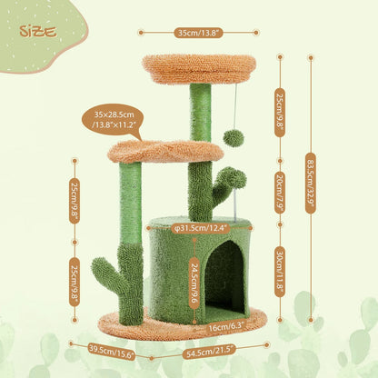 32" Cactus Cat Tree Tower with Cat Scratching Posts Cozy Condo Perch for Indoor Cats,Green