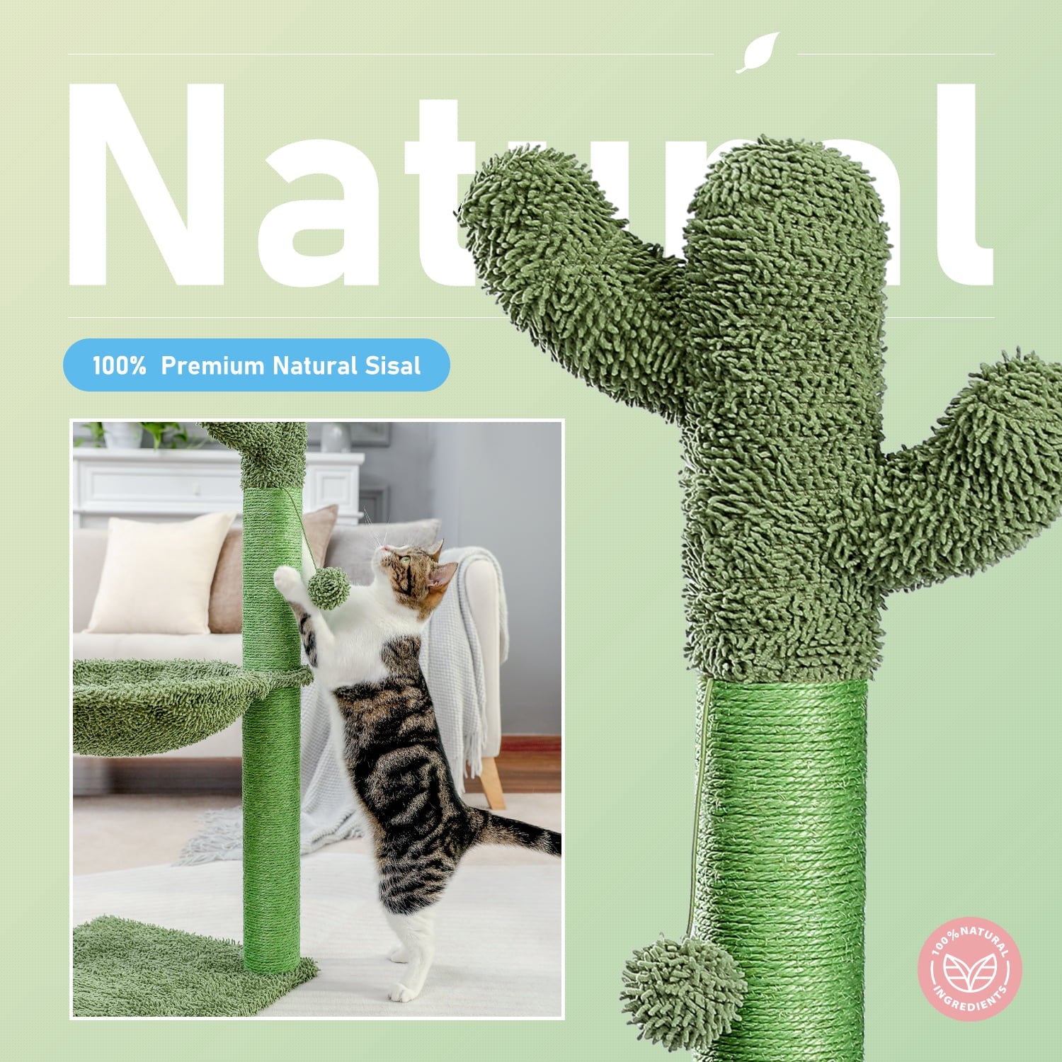 Cactus Cat Scratching Post 33" Large Cat Scratcher with Large Hammock for All Indoor Cats,Green