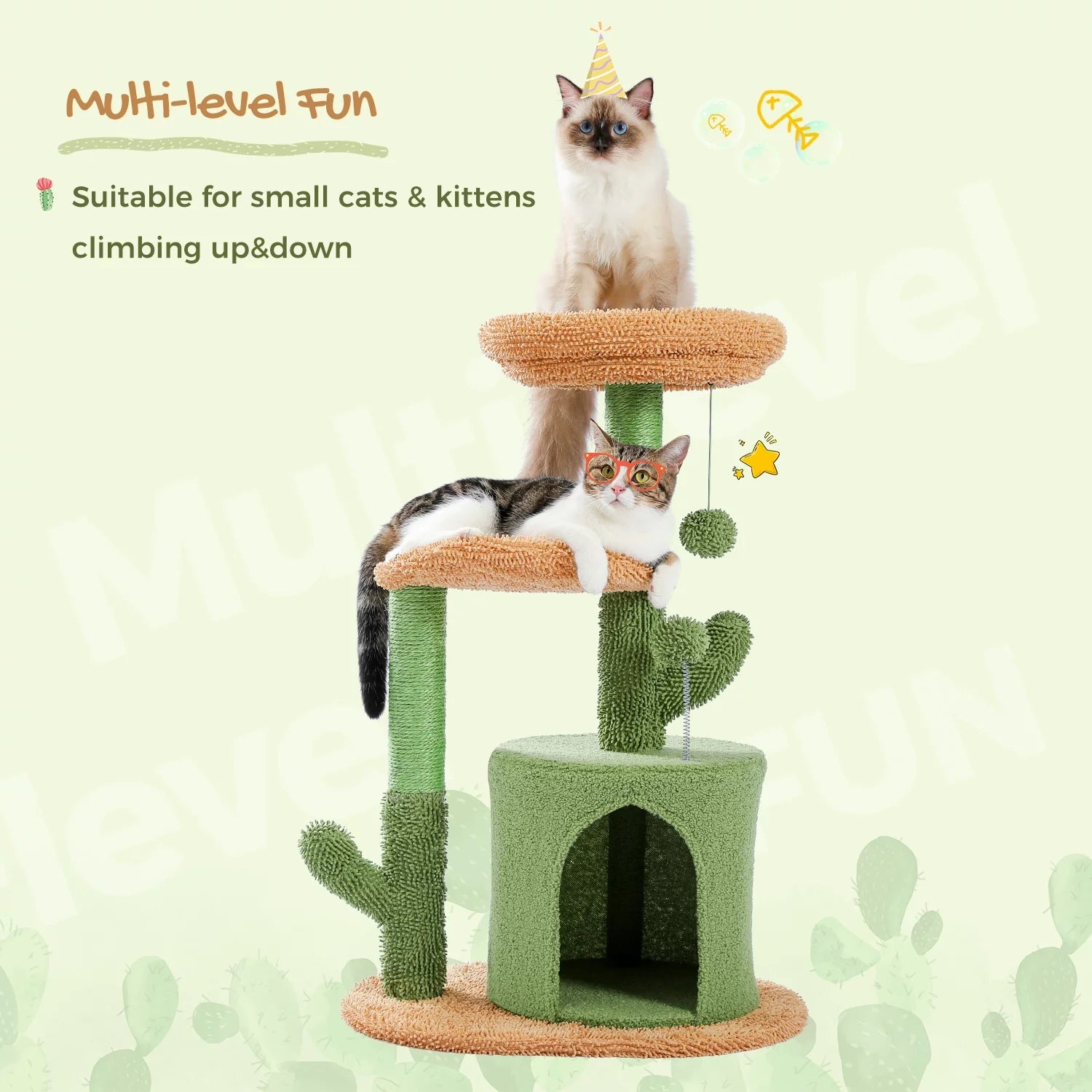 32" Cactus Cat Tree Tower with Cat Scratching Posts Cozy Condo Perch for Indoor Cats,Green