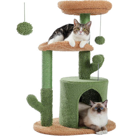 32" Cactus Cat Tree Tower with Cat Scratching Posts Cozy Condo Perch for Indoor Cats,Green