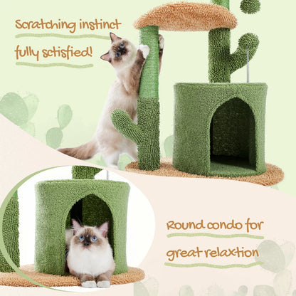 32" Cactus Cat Tree Tower with Cat Scratching Posts Cozy Condo Perch for Indoor Cats,Green