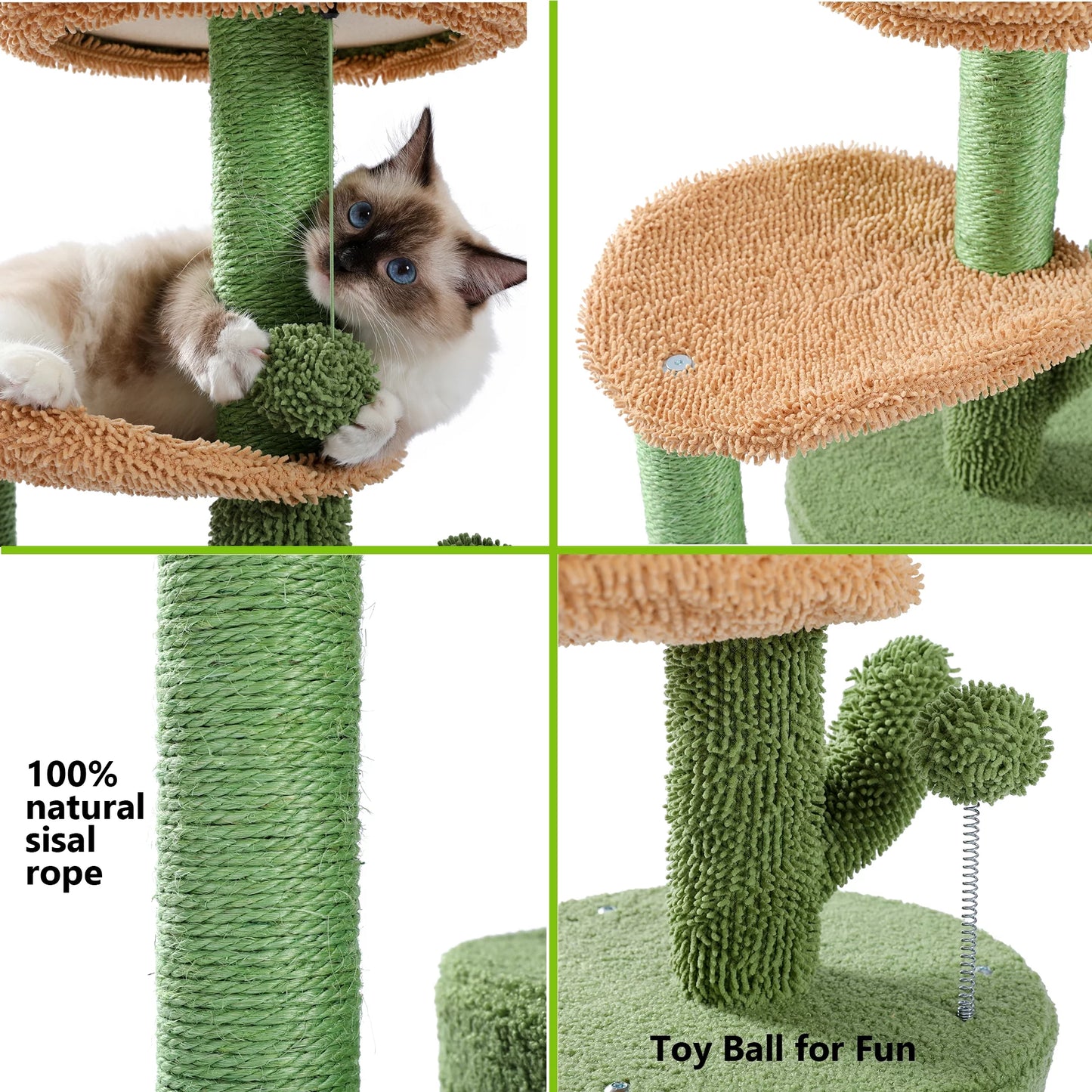 32" Cactus Cat Tree Tower with Cat Scratching Posts Cozy Condo Perch for Indoor Cats,Green